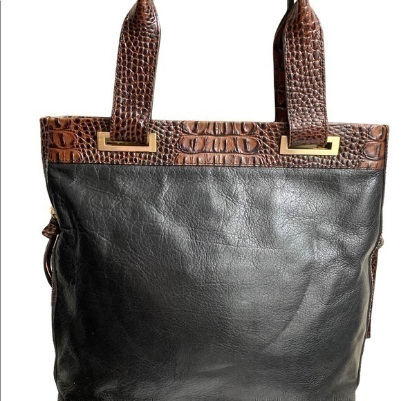 Brahmin Black And Embossed Brown Leather Tote Bag